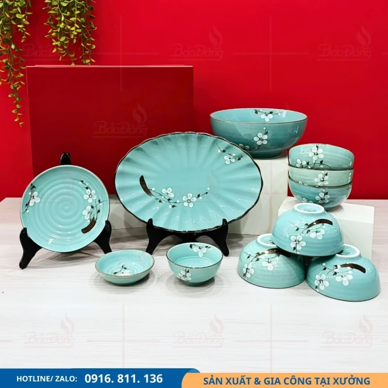 Bộ bát đĩa men xanh hoa đào trắng phong cách sang trọng