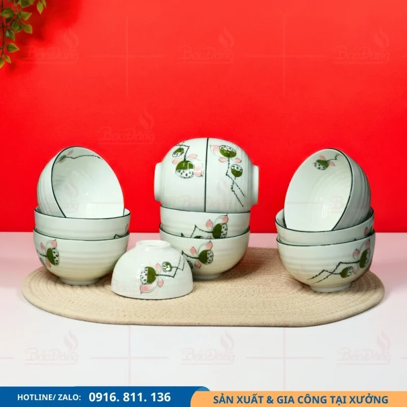 Bộ chén cơm men kem đài sen phù hợp đặt theo lô