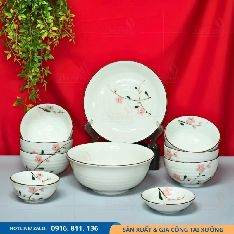 Bộ chén đĩa hoa đào hồng đặt sản xuất tại Bát Tràng