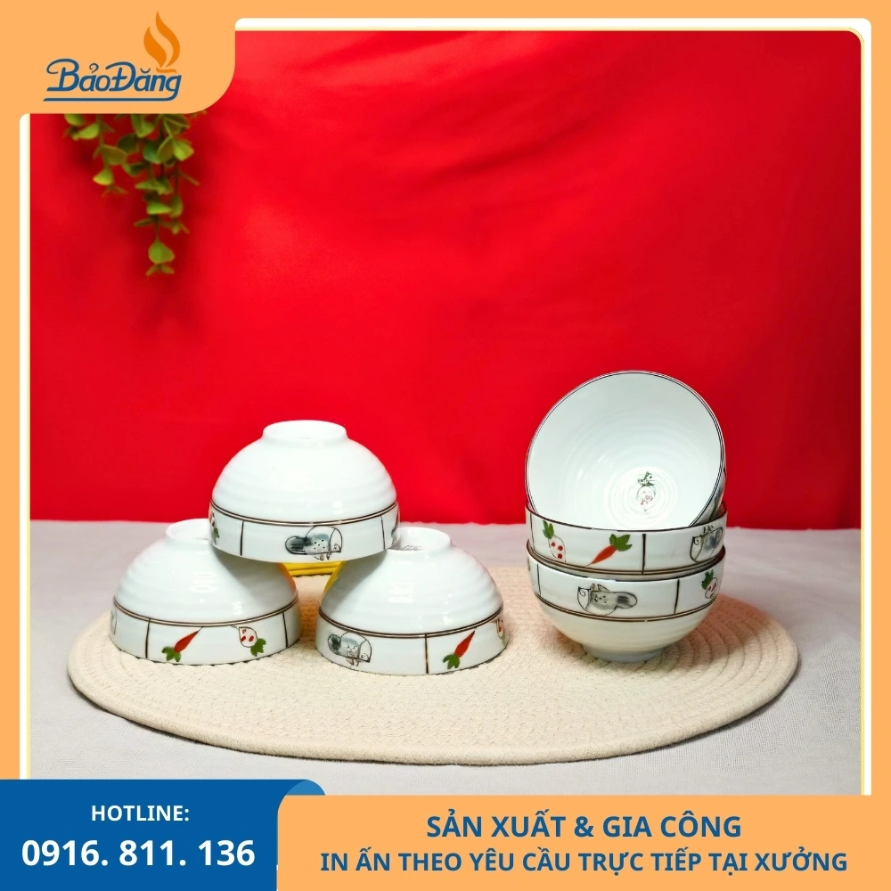 Chén cơm men kem rau củ đặt sản xuất Chén cơm men kem họa tiết rau củ dùng cho đơn hàng theo lô