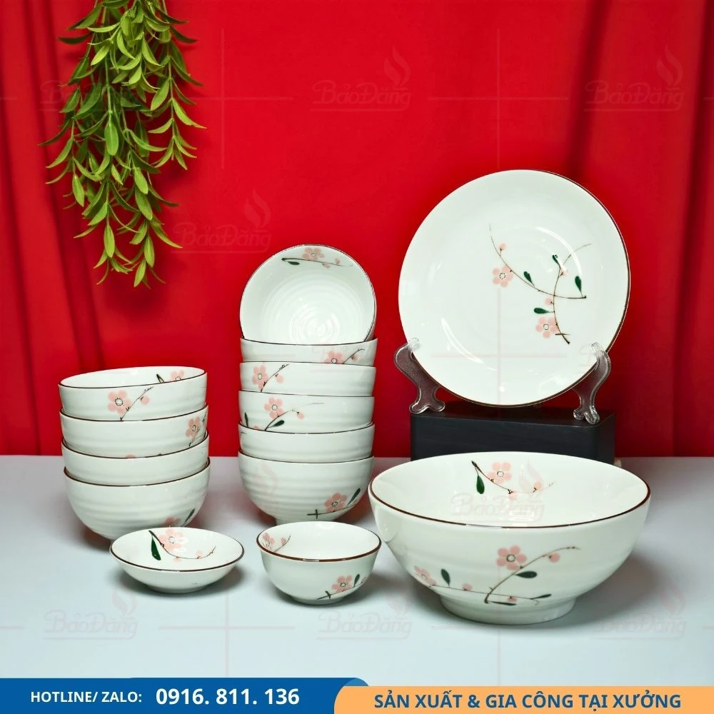 Bộ chén đĩa men kem hoa đào hồng giá xưởng Bộ chén đĩa hoa đào hồng giá xưởng cho doanh nghiệp