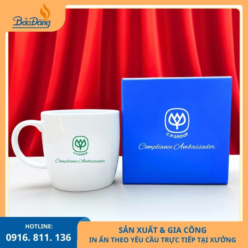 Ly sứ dáng lùn in logo theo yêu cầu, thích hợp làm quà tặng