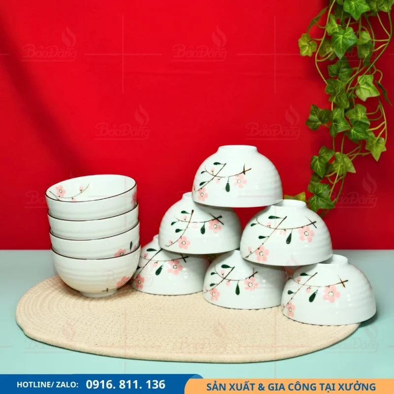 Set 10 bát cơm hoa đào hồng dùng cho bàn ăn lớn