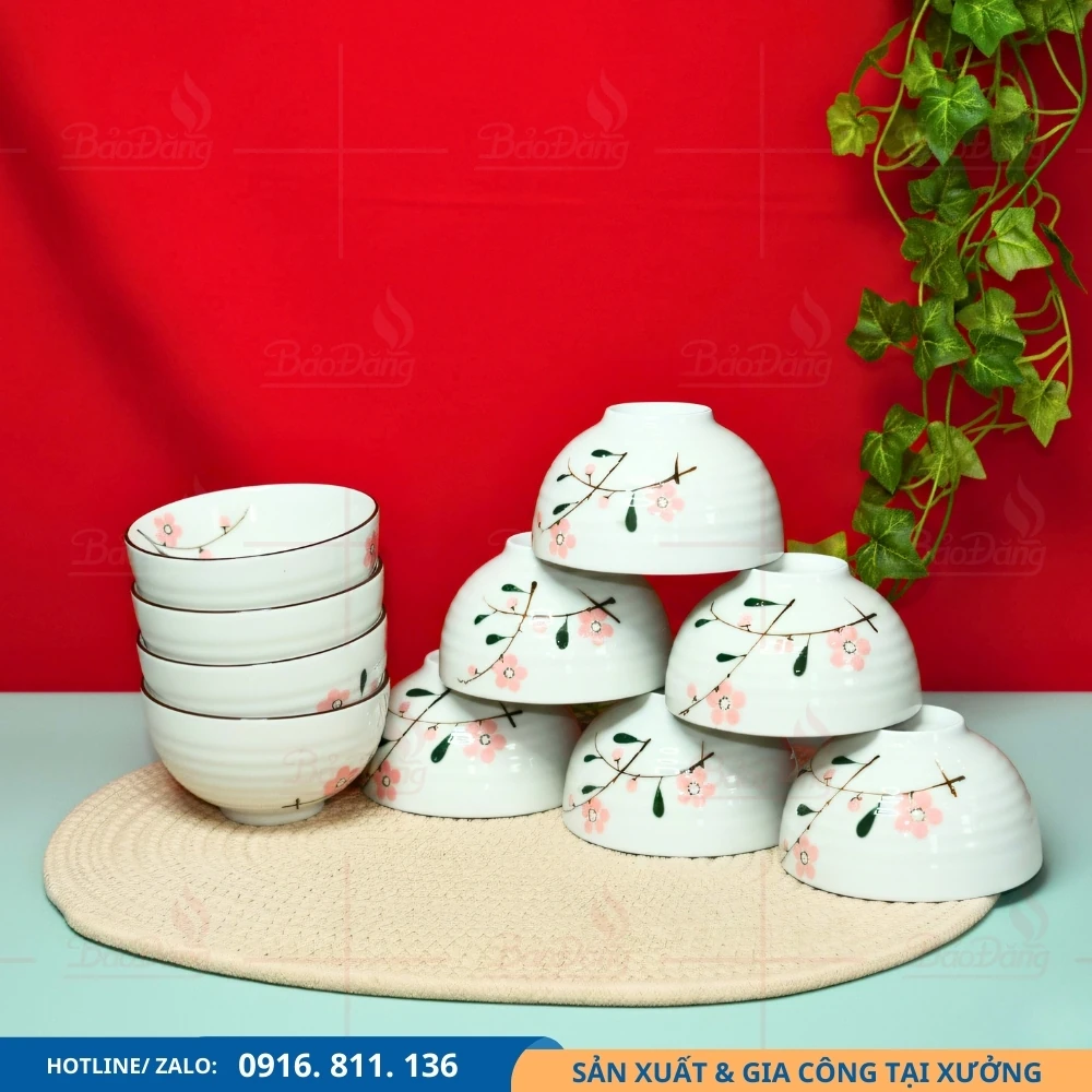 Set 10 bát cơm hoa đào hồng cho gia đình đông người Set 10 bát cơm hoa đào hồng dùng cho bàn ăn lớn
