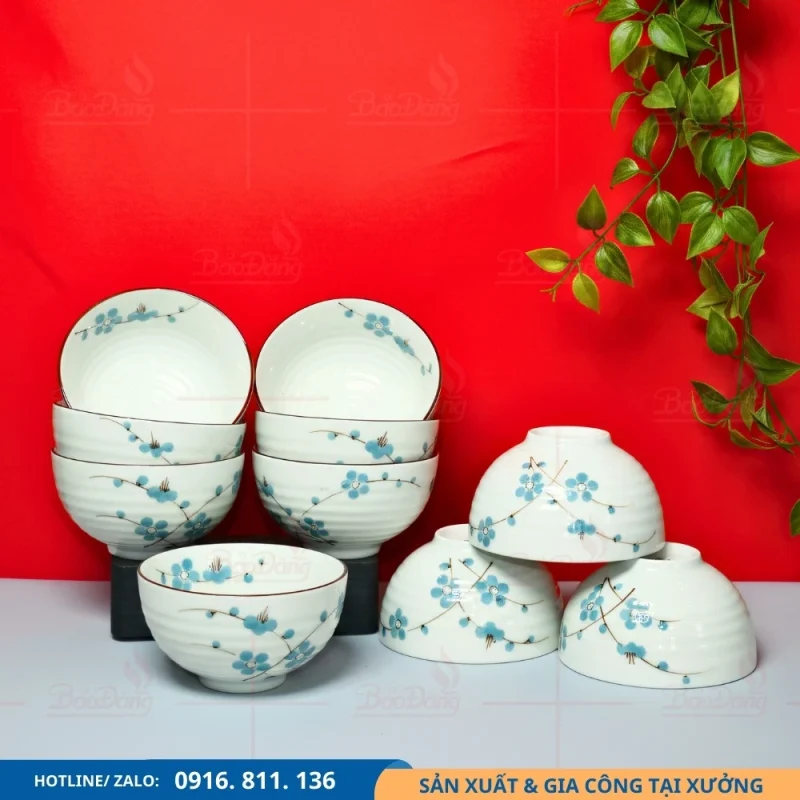 Set 10 bát cơm hoa đào xanh dương cho bàn ăn lớn