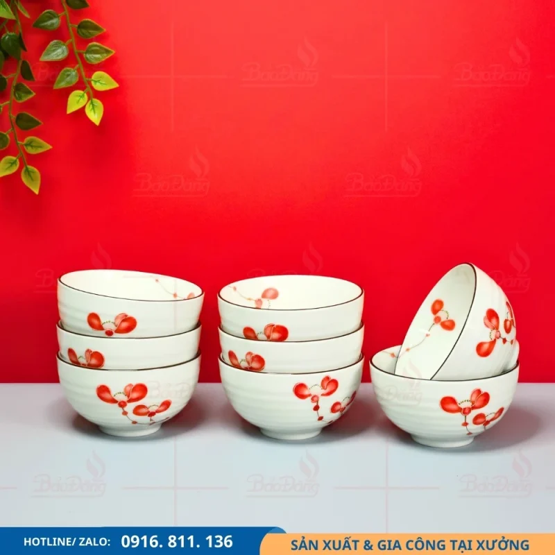 Set 10 bát cơm hoa phượng đỏ dùng cho bàn ăn lớn
