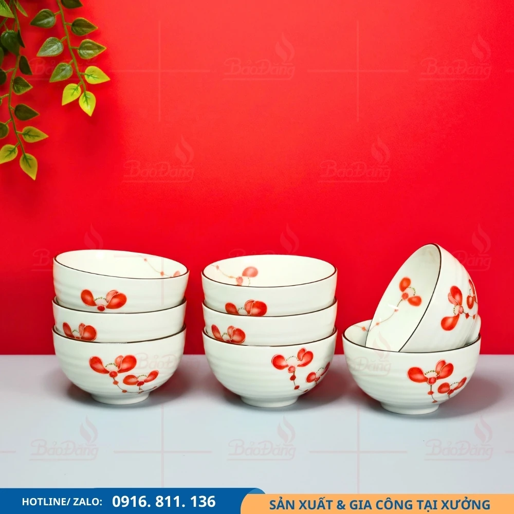 Set 10 bát cơm hoa phượng đỏ cho gia đình đông người Set 10 bát cơm hoa phượng đỏ dùng cho bàn ăn lớn