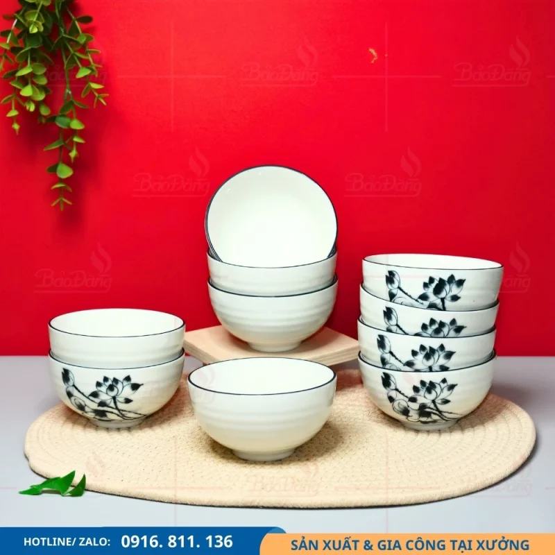 Set 10 bát cơm hoa sen đen thiết kế đồng bộ