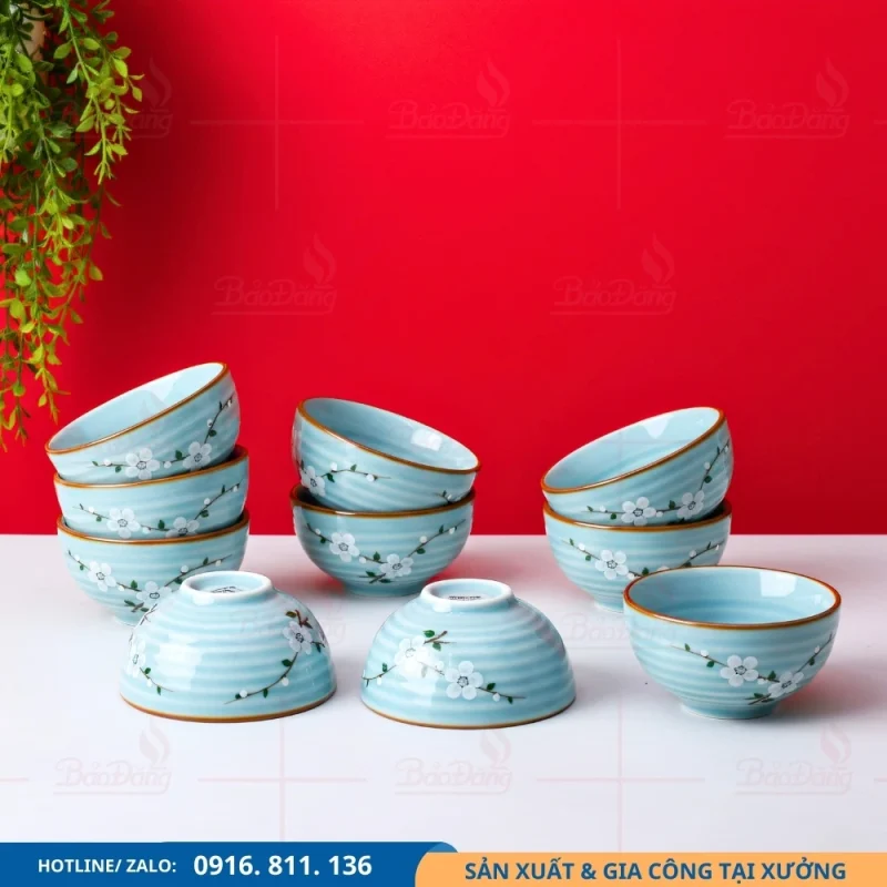 Set 10 bát cơm men xanh hoa đào cung cấp theo lô