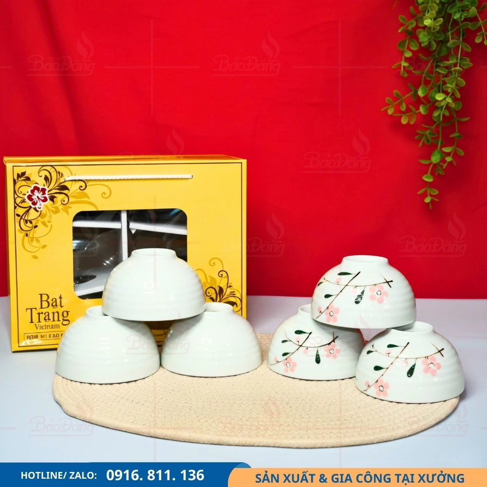 Set 6 bát cơm hoa đào hồng dùng hằng ngày Set 6 bát cơm hoa đào hồng kiểu dáng đồng bộ
