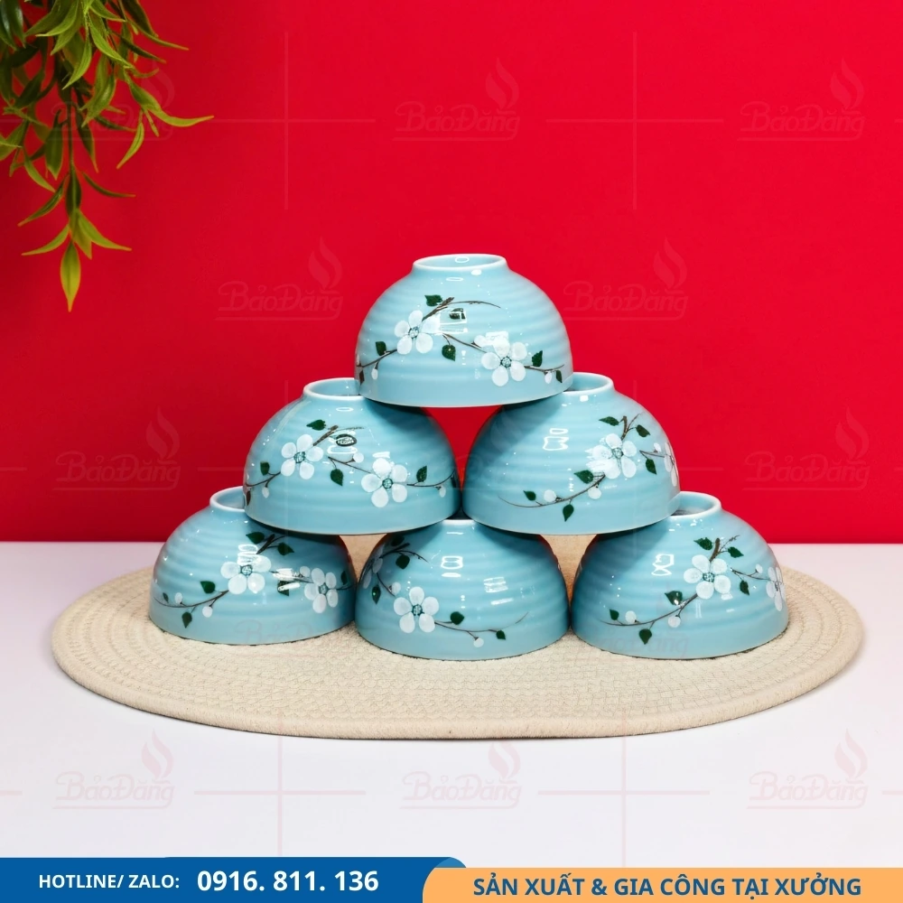 Set 6 bát cơm men xanh hoa đào đặt theo lô Set 6 bát cơm men xanh hoa đào cung cấp theo lô