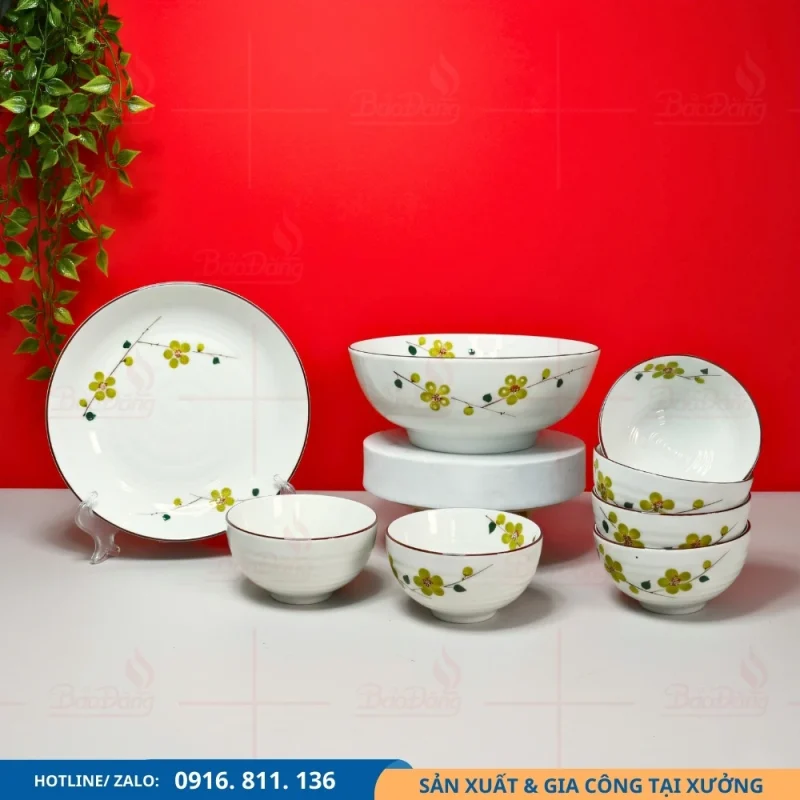 Set bát đĩa hoa xanh lá cung cấp cho dự án doanh nghiệp