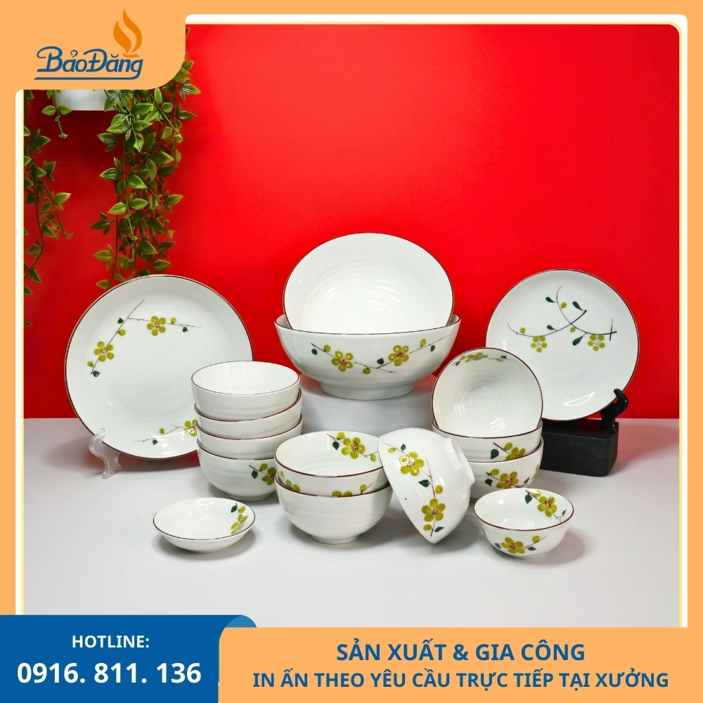 Set bát đĩa hoa xanh lá đặt sản xuất Set bát đĩa hoa xanh lá sản xuất tại Bát Tràng theo lô
