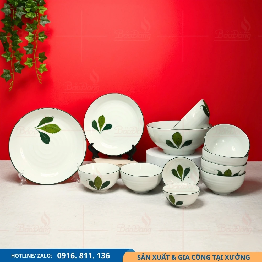 Set bát đĩa lá xương rồng đặt sản xuất Set bát đĩa lá xương rồng sản xuất tại Bát Tràng theo lô