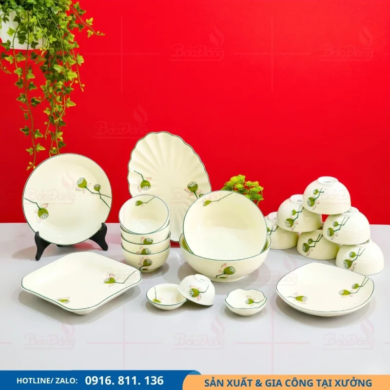 Set bát đĩa men kem đài sen nhận làm theo yêu cầu