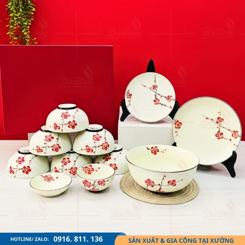 Set bát đĩa men kem hoa đào đỏ thiết kế đồng bộ