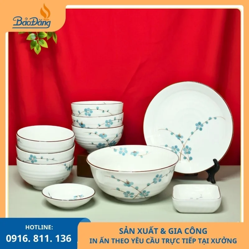 Set bát đĩa men kem hoa đào xanh dùng cho bàn ăn gia đình