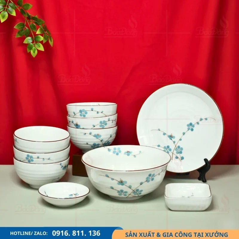 Set bát đĩa men kem hoa đào xanh dòng cao cấp