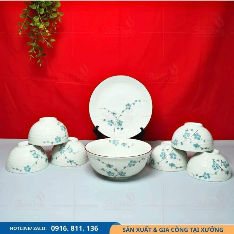 Set bát đĩa men kem hoa đào xanh thiết kế đồng bộ