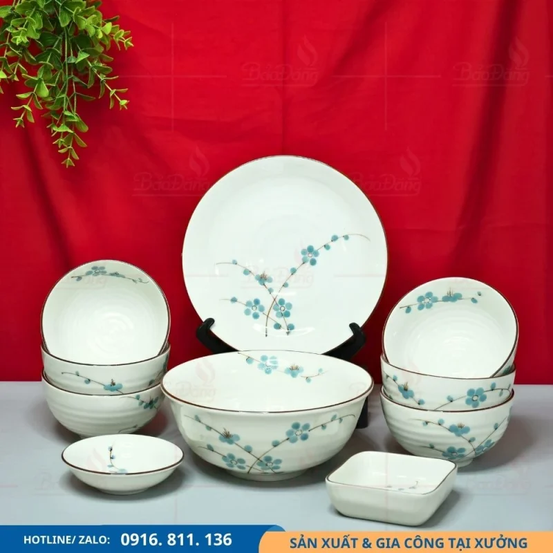 Set bát đĩa men kem hoa đào xanh dùng cho bữa ăn hằng ngày