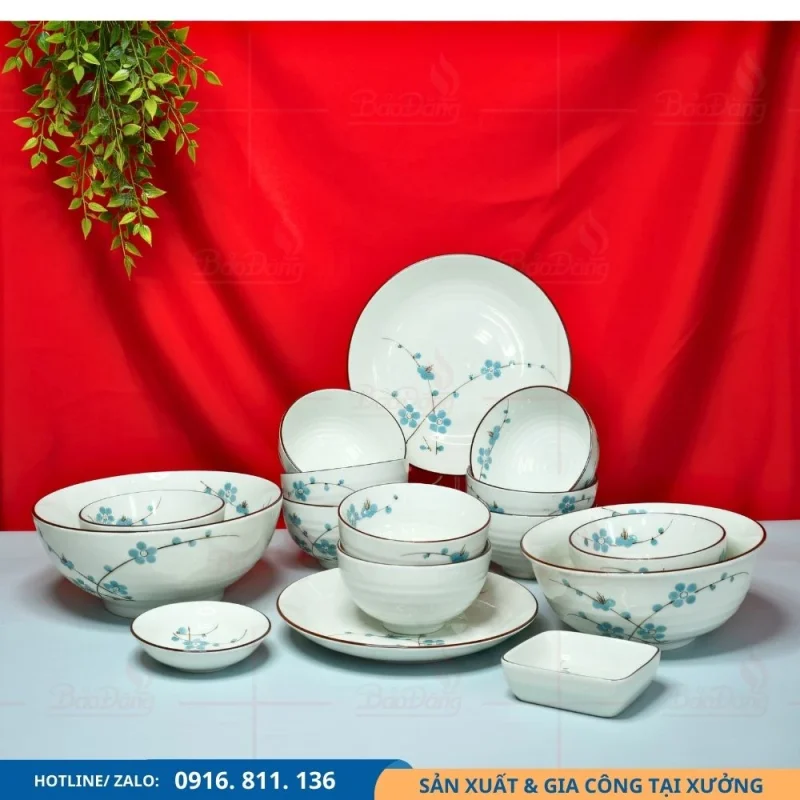 Set bát đĩa men kem hoa đào xanh phù hợp làm quà tặng
