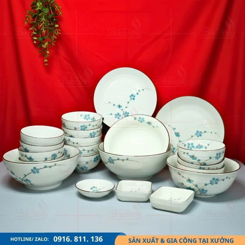 Set bát đĩa men kem hoa đào xanh phong cách sang trọng