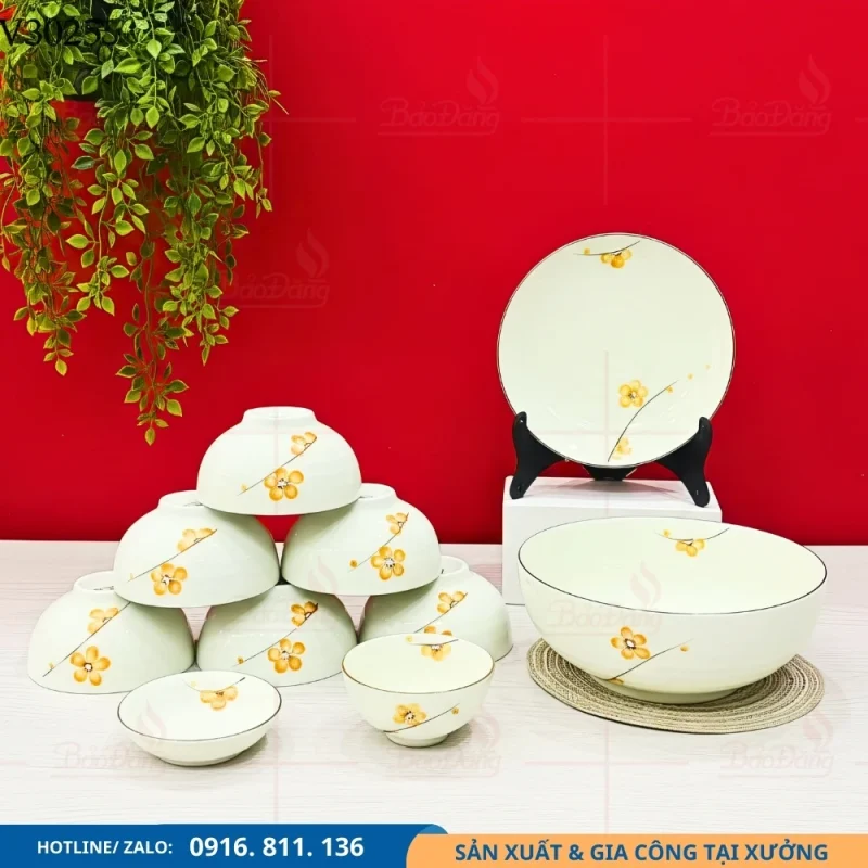 Set bát đĩa men kem hoa mai thiết kế đồng bộ