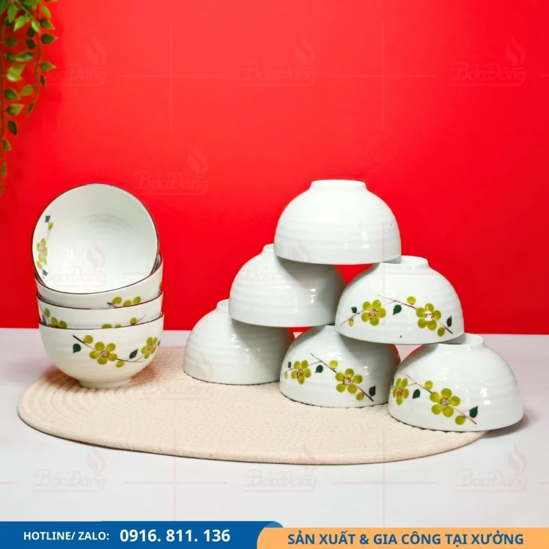 Bộ chén cơm hoa xanh cốm cung cấp từ xưởng gốm Bát Tràng
