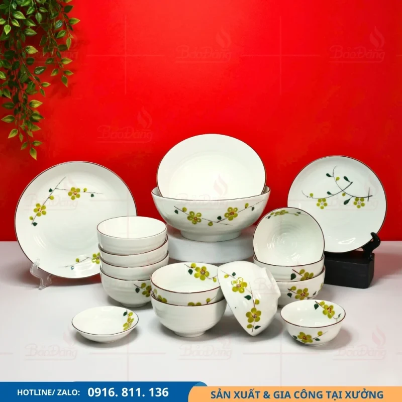 Set bát đĩa men kem hoa xanh lá nhận làm theo yêu cầu