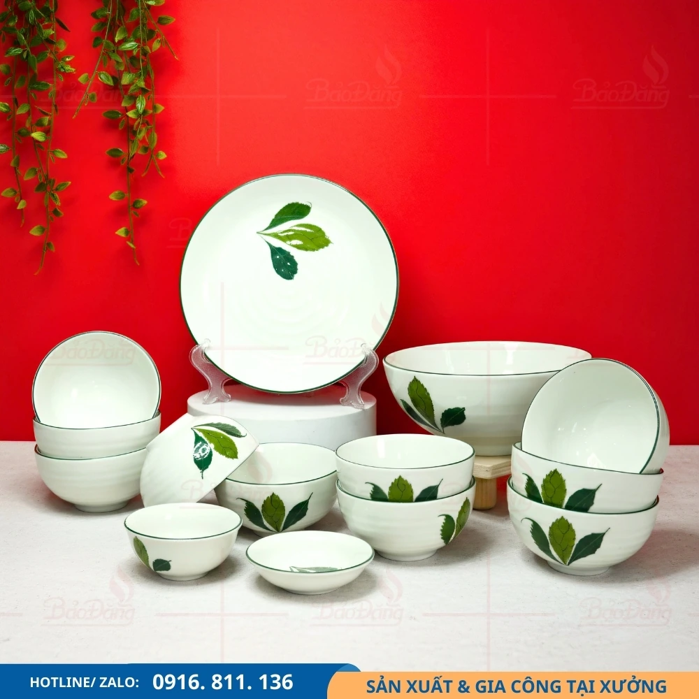 Set bát đĩa lá xương rồng theo yêu cầu Set bát đĩa men kem lá xương rồng nhận làm theo yêu cầu