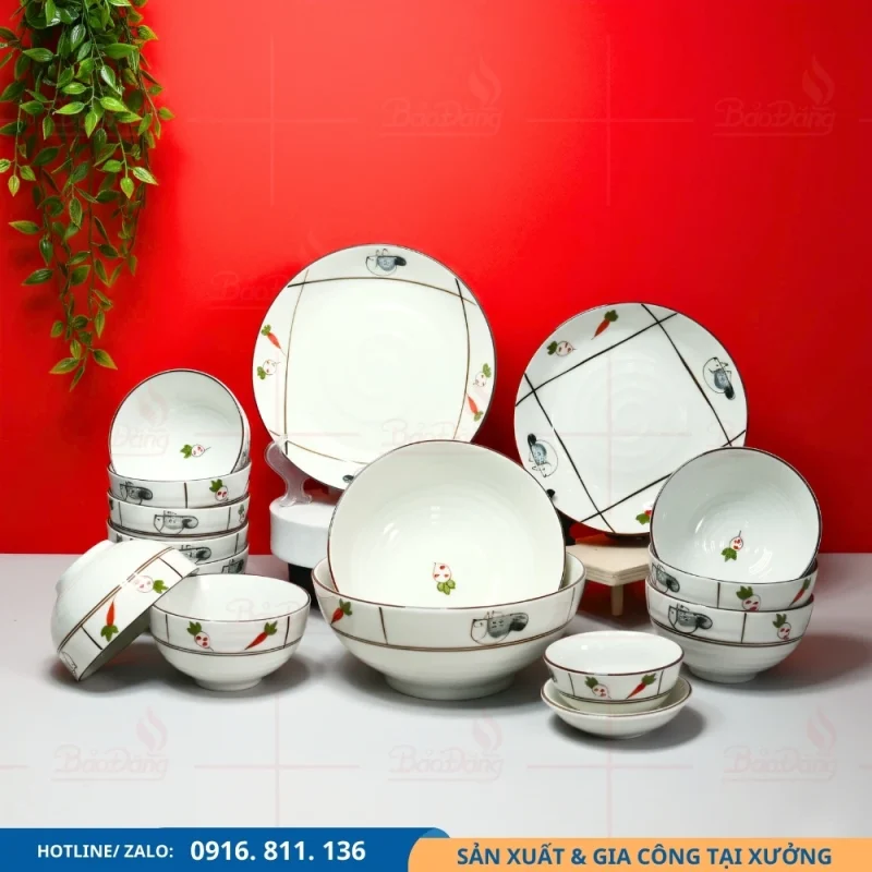 Set bát đĩa men kem rau củ nhận làm theo yêu cầu