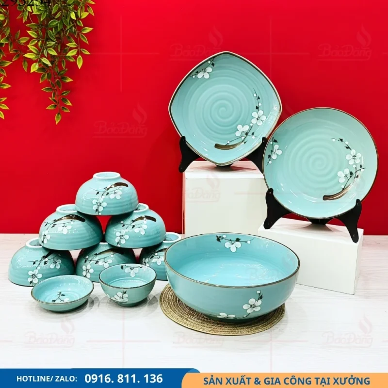 Set bát đĩa men xanh hoa đào trắng thiết kế đồng bộ