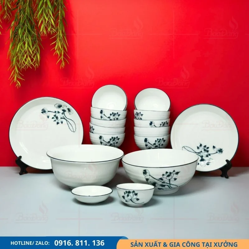 Set bát đĩa hoa sen xanh đen cho chương trình số lượng