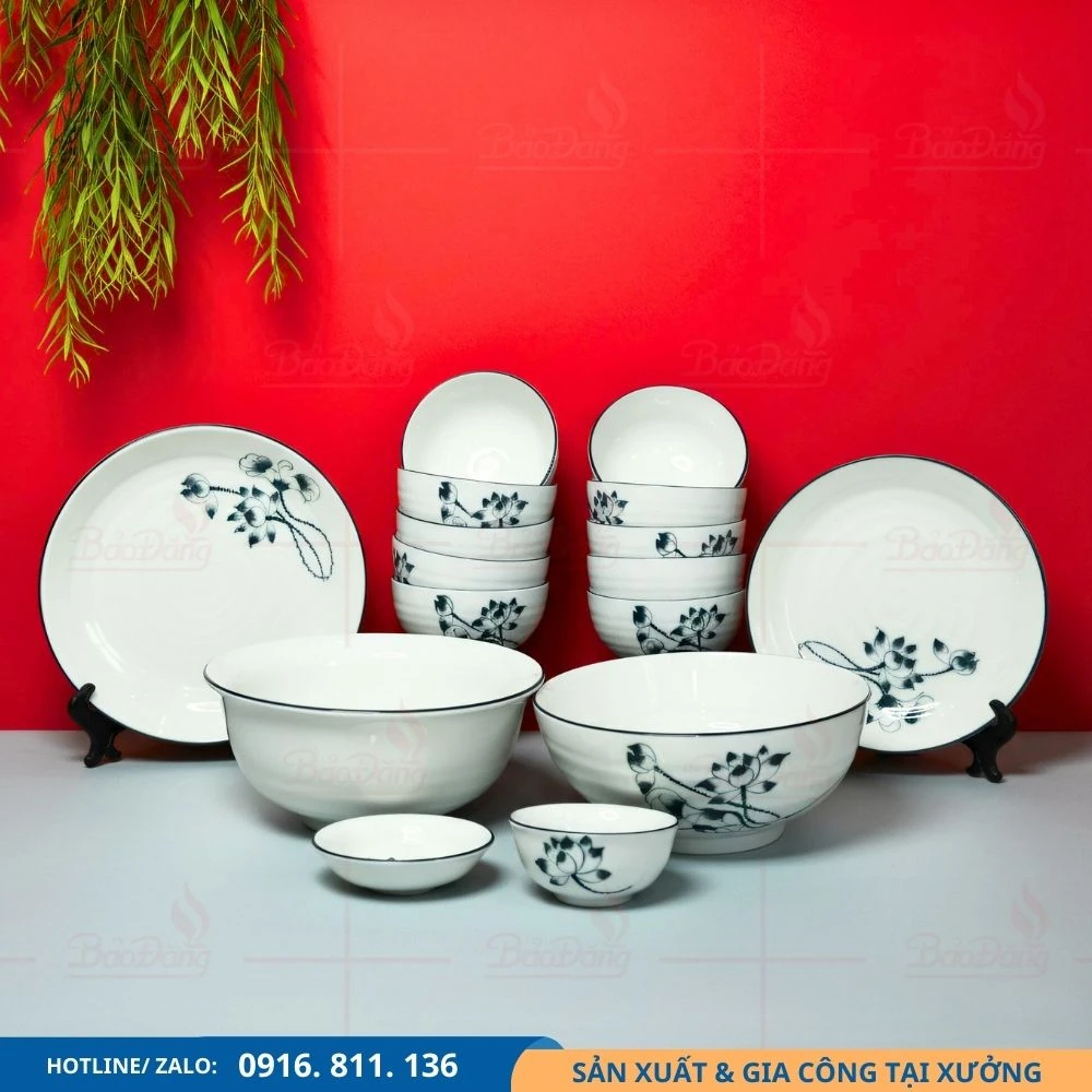 Set bát đĩa hoa sen xanh đen đặt số lượng lớn Set bát đĩa hoa sen xanh đen cho chương trình số lượng
