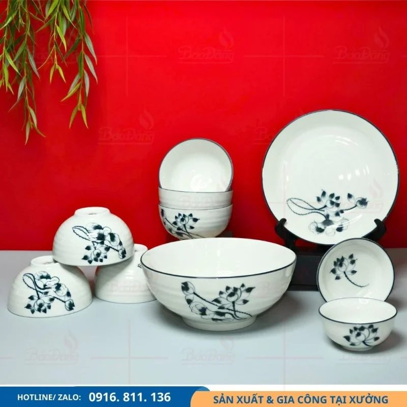 Set bát đĩa men kem hoa sen xanh đen đặt theo yêu cầu