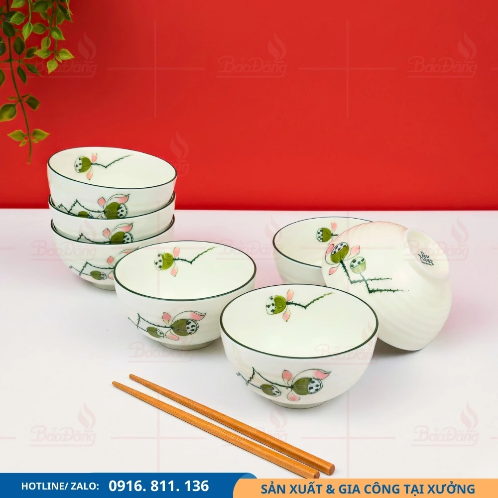 Set chén cơm đài sen theo yêu cầu Set chén cơm men kem đài sen nhận làm theo yêu cầu
