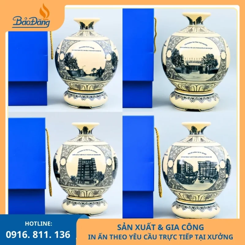Bình hút lộc men rạn tứ cảnh có in logo Viện Mỏ - Luyện Kim