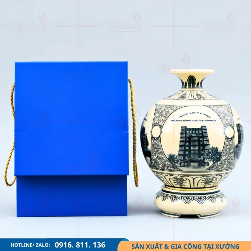 Bình hút lộc men rạn tứ cảnh có in nội dung theo yêu cầu đơn vị