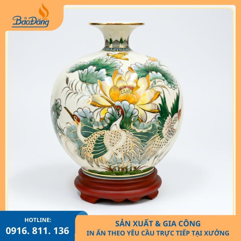Bình Hút Lộc Bát Tràng Vẽ Tay Sen Hạc