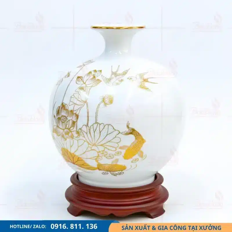 Bình hút lộc trắng hoa sen chim nổi bật vẽ vàng