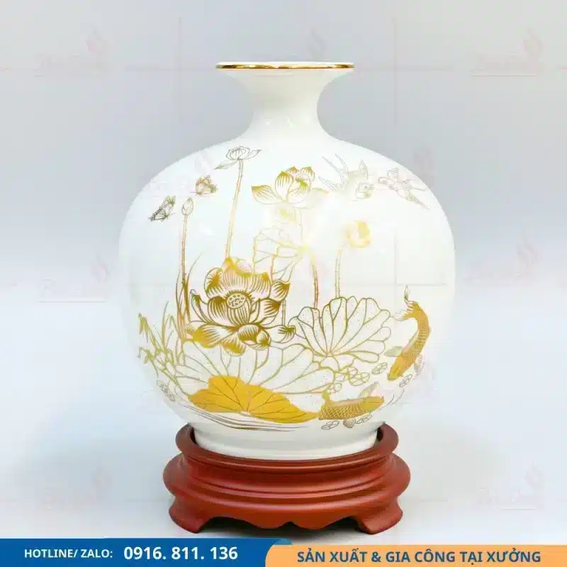 Bình hút lộc trắng họa tiết sen chim vẽ vàng thanh lịch