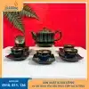 Bộ ấm chén hỏa biến xanh đen vệt trắng dáng trụ với thiết kế hiện đại, ấn tượng