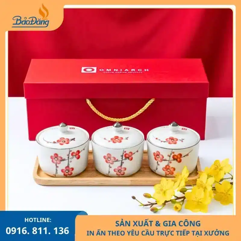 Bộ 3 hũ đựng mứt sứ làm quà tặng nhân viên dịp Tết
