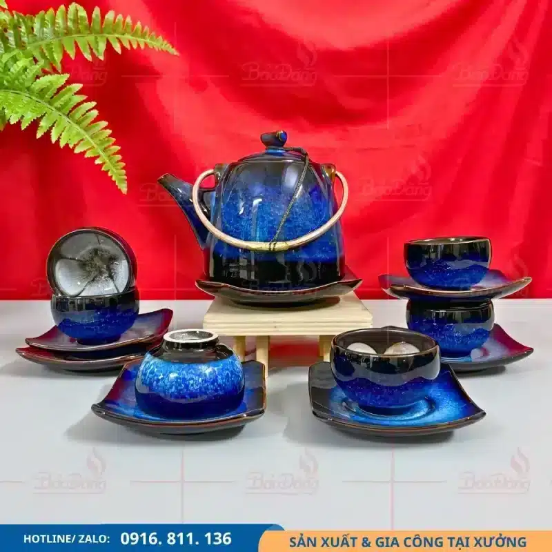 Bộ ấm chén hỏa biến xanh thạch dáng ấm tích thanh lịch