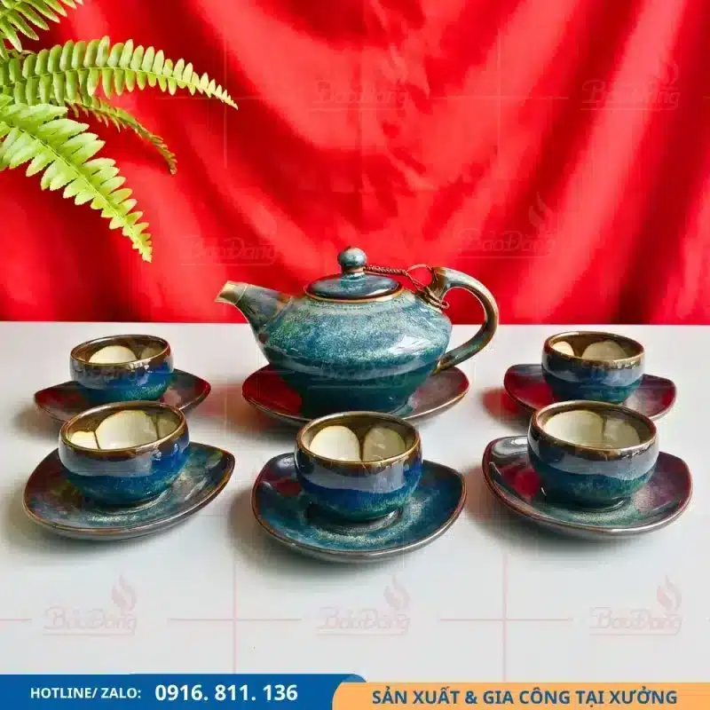 Bộ ấm chén tam giác men xanh loang mang phong cách hiện đại