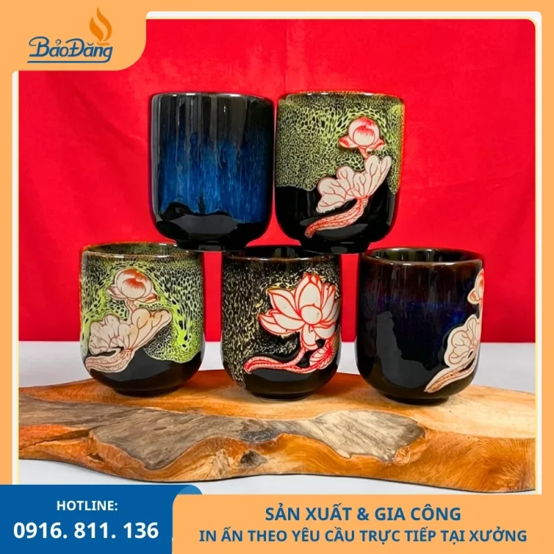 Ly sứ hỏa biến Bát Tràng trụ lùn hoa sen, thiết kế tinh tế